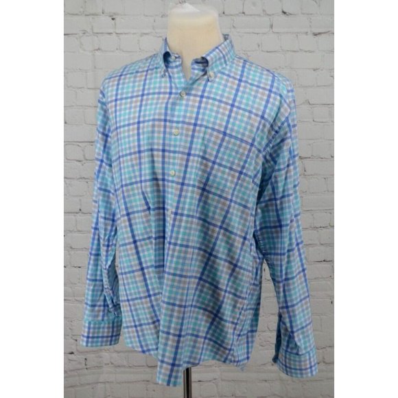 PETER MILLAR Men's Long Sleeve Button Front Shirt SIZE XL Blue Check - Picture 2 of 5